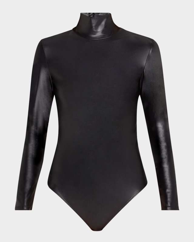 Turtleneck Matte Metallic Thong Bodysuit